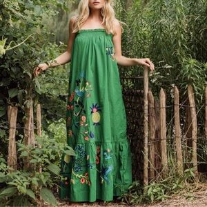 Woman’s Green Floral Tropical Paradise Embroidered Anthropologie Maxi Dress